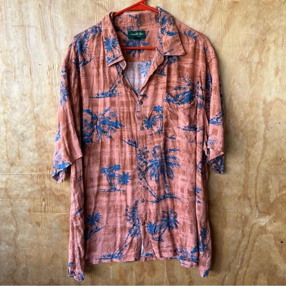 David Taylor Orange and Blue Hawaiian Print Rayon Short Sleeve button down Shirt